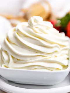 Close up of whipped cream in a white bowl.
