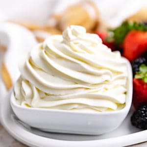 Close up of whipped cream in a white bowl.