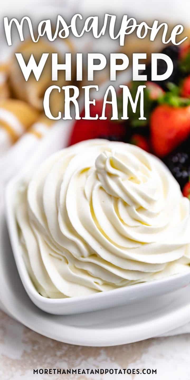 Close up view of mascarpone whipped cream in a white dish.