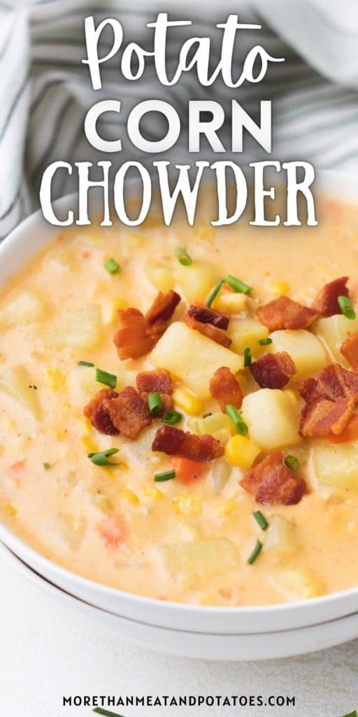 Close up view of potato corn chowder in white bowls.