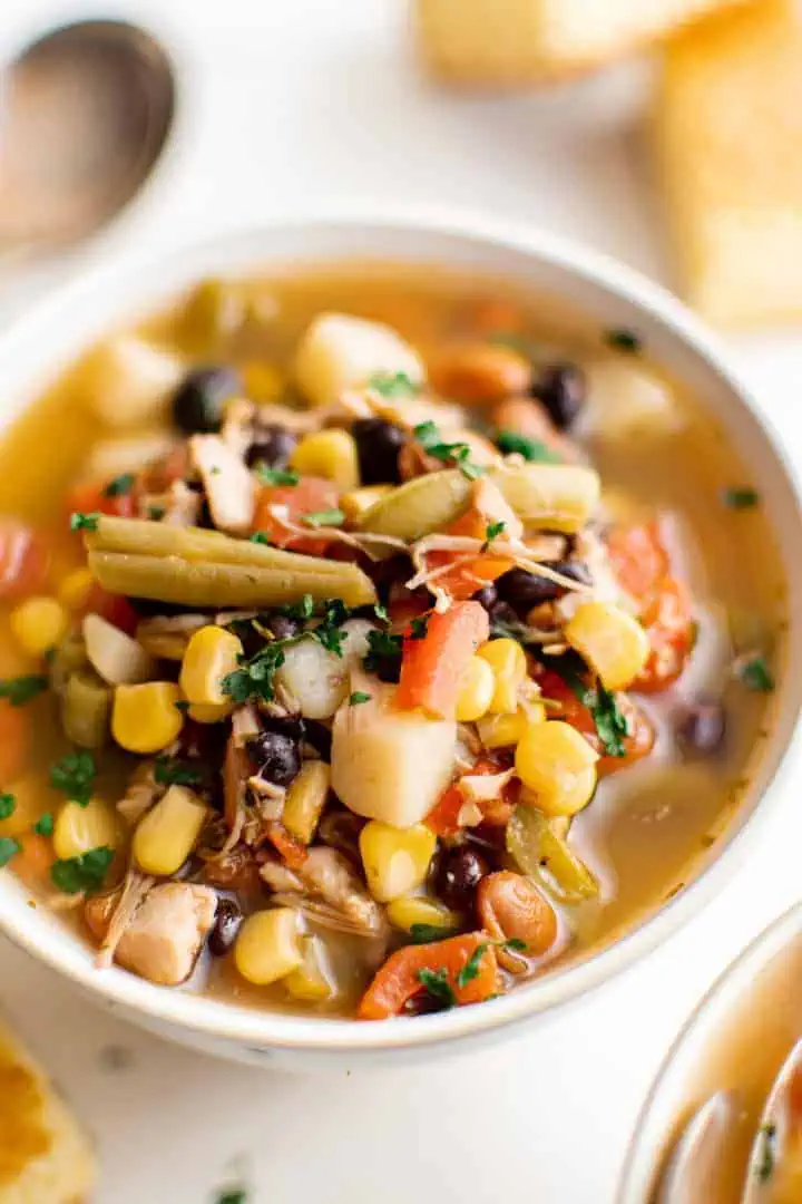 Close up view of a bowl of 7 can soup.