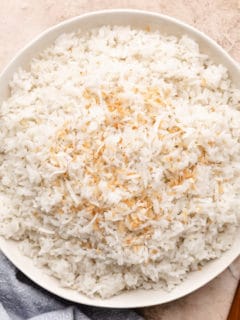 Large dish of coconut jasmine rice.