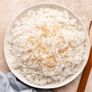 Large dish of coconut jasmine rice.