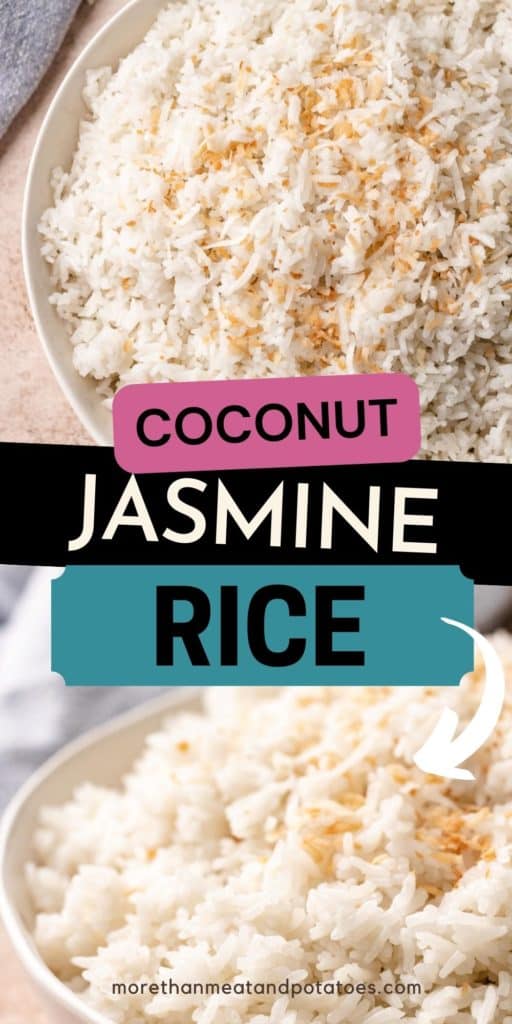 Collage of two photos of coconut jasmine rice.