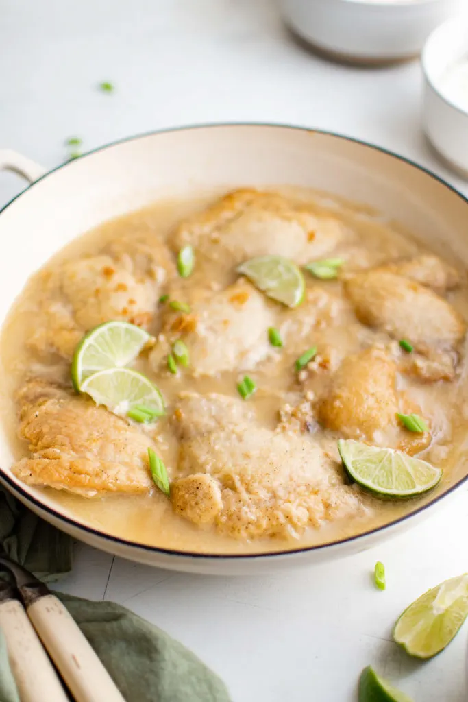 Pan of coconut lime chicken thighs.