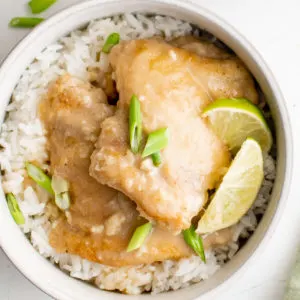 Close up view of a bowl of coconut lime chicken.