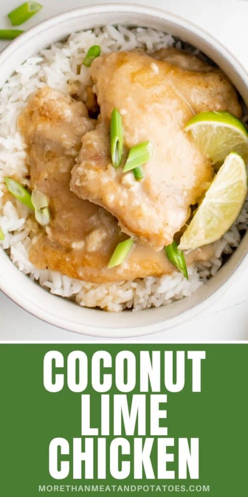 Close up view of coconut lime chicken in a bowl.