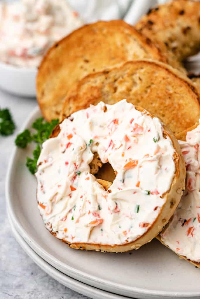 Everything bagels with veggie cream cheese.