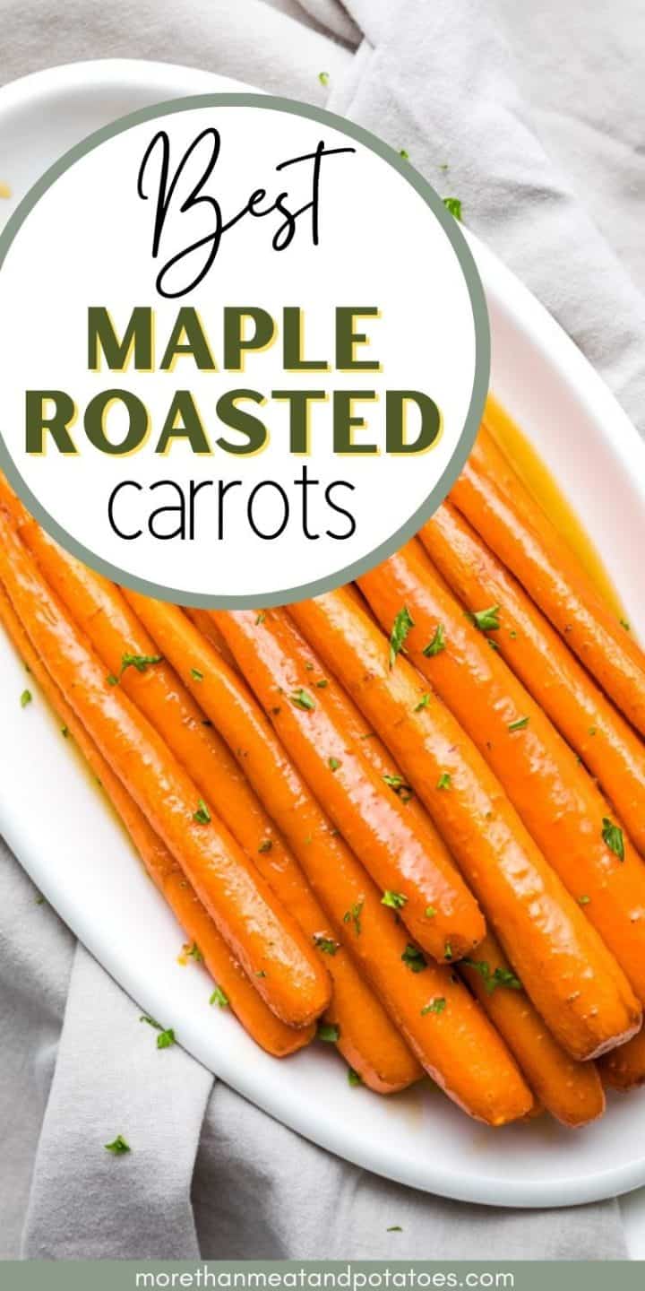 Batch of easy maple roasted carrots on a white plate.