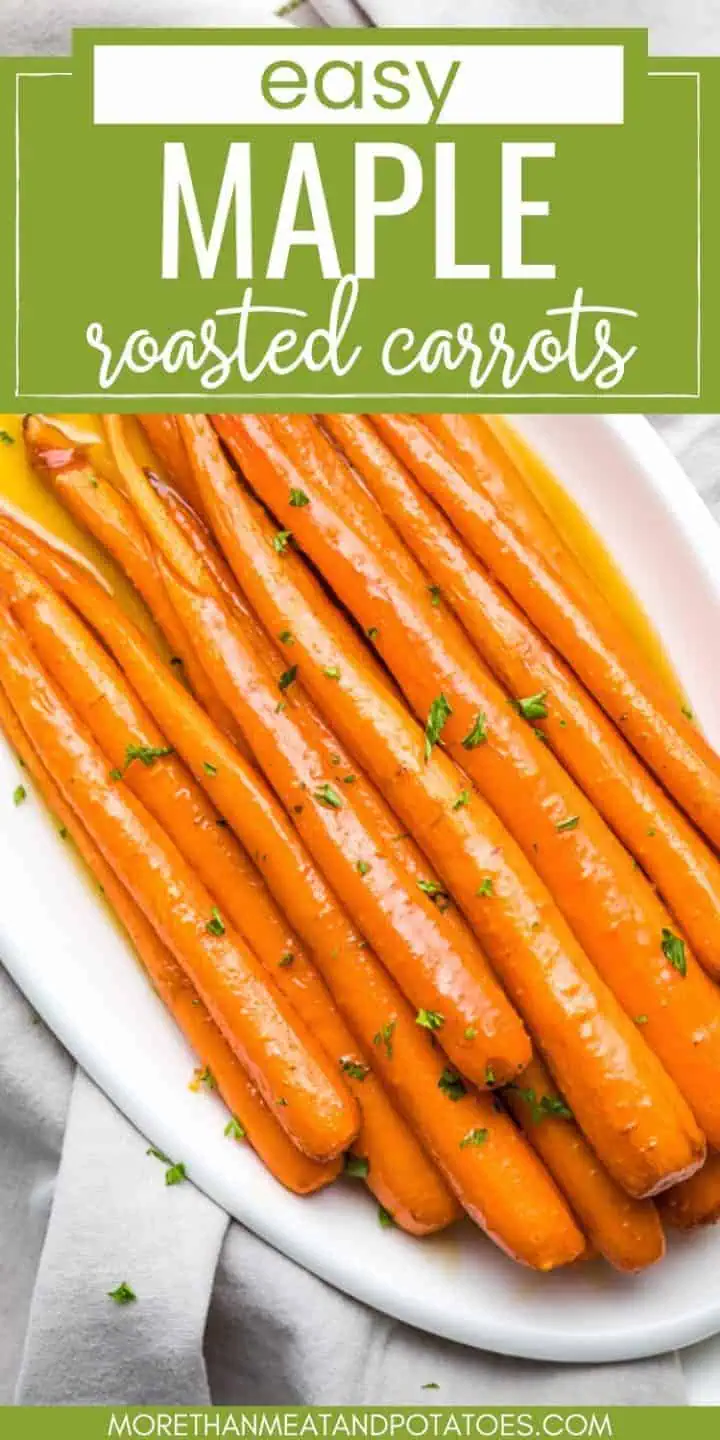 Top down view of a plate of easy maple roasted carrots.