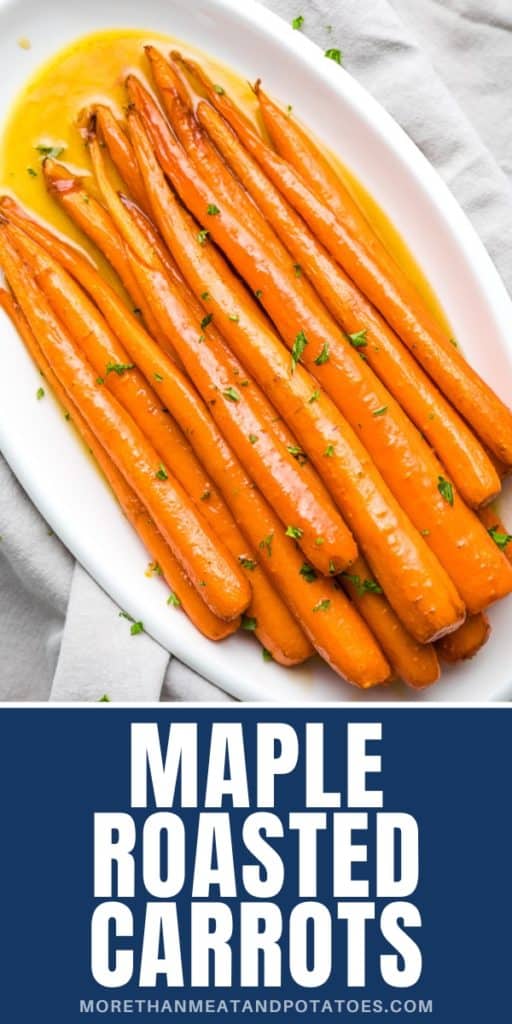 Top down view of maple roasted carrots on a serving dish.
