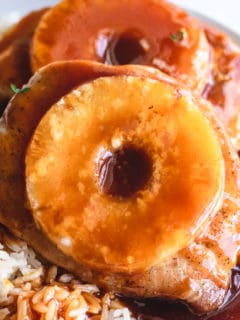 Close up view of brown sugar and pineapple pork chops.