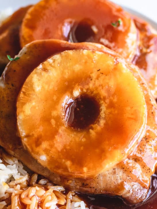 Close up view of brown sugar and pineapple pork chops.