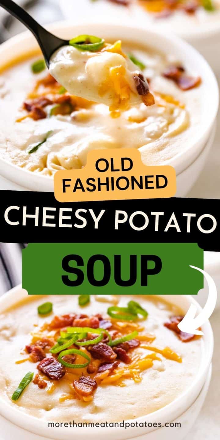 Collage showing two photos of cheesy potato soup.