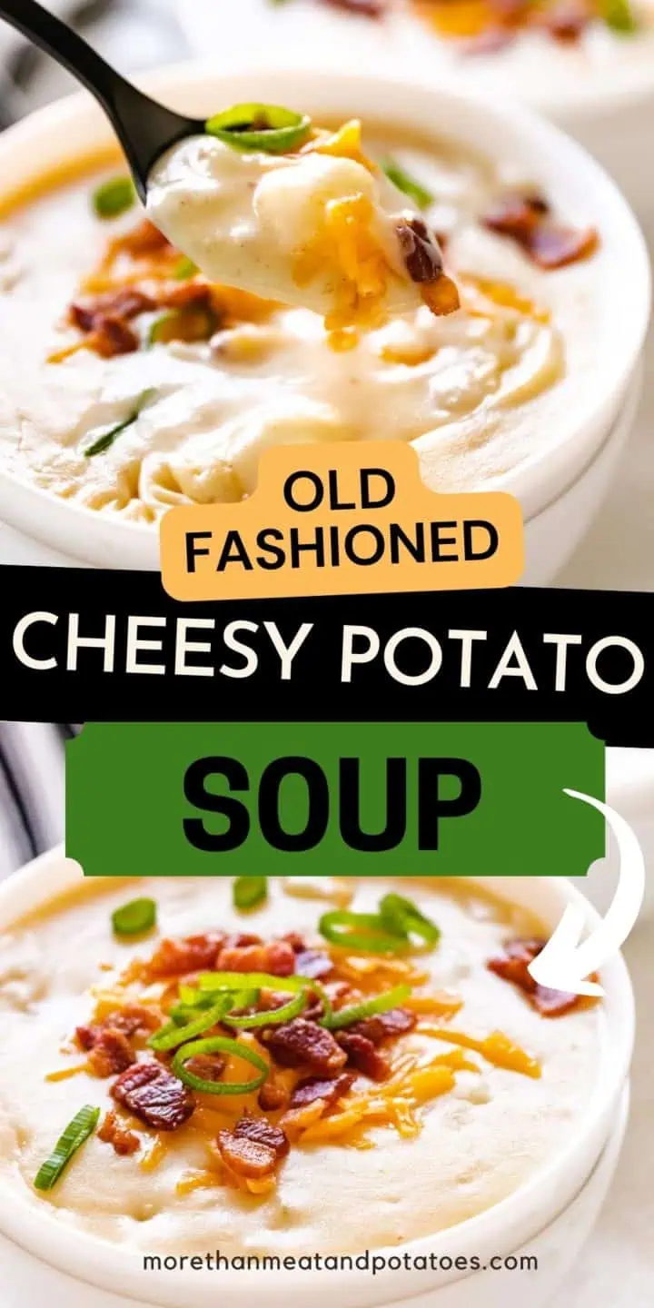 Collage showing two photos of cheesy potato soup.