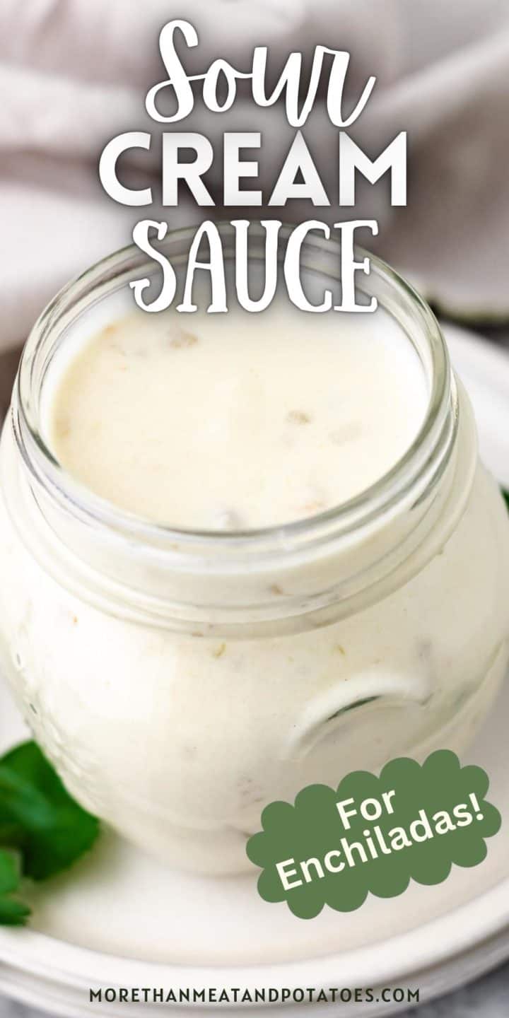 Close of up of white sauce for enchiladas in a jar.