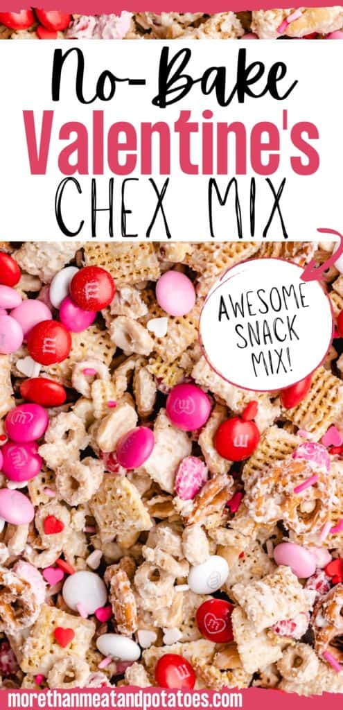 Pan of Valentine's Chex Mix with festive candies.