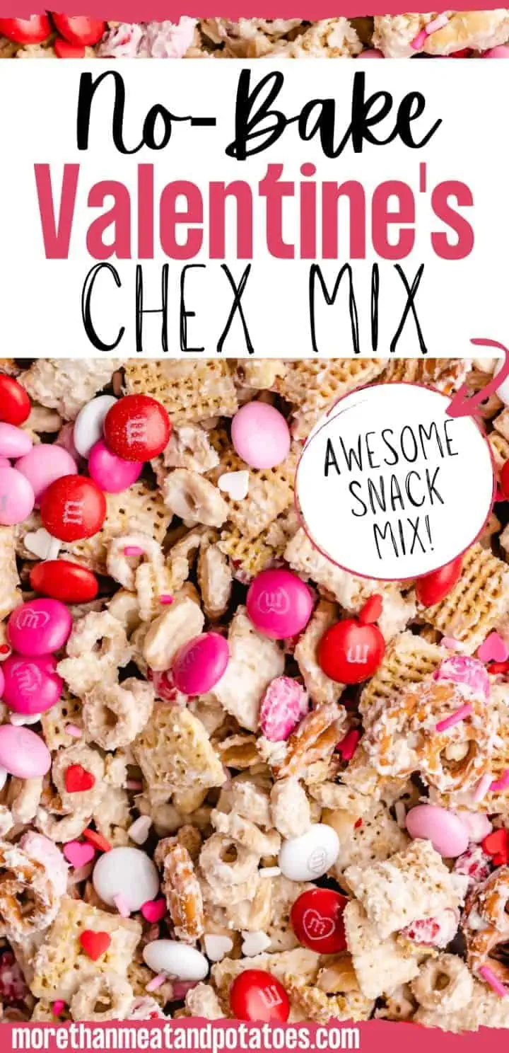 Pan of valentine's chex mix with festive candies.