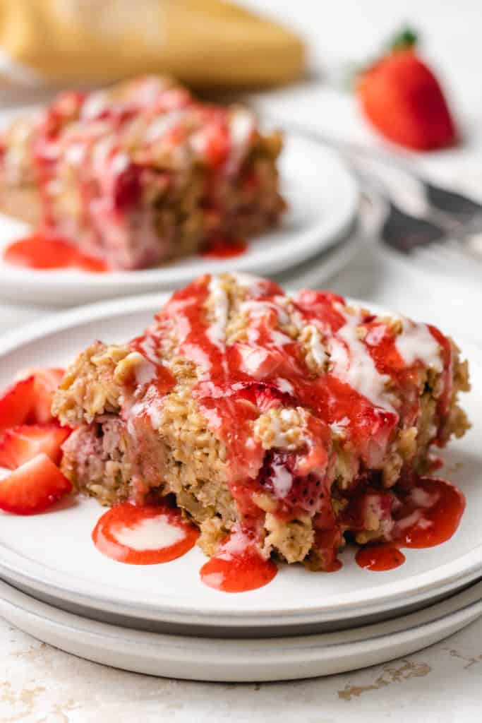 Oatmeal packed with strawberries and topped with glaze.