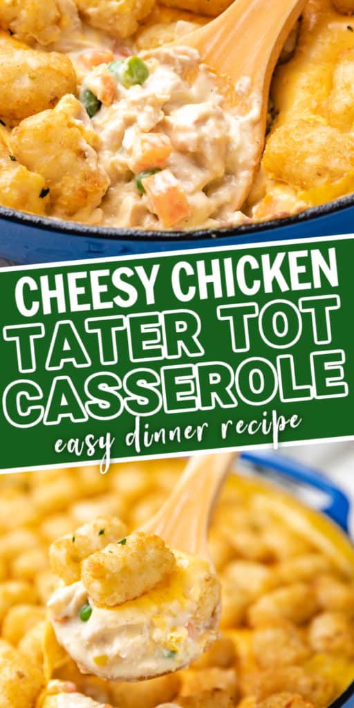Close up photos of cheesy chicken and tots casserole.