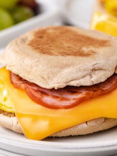 Close up view of an English muffin sandwich.