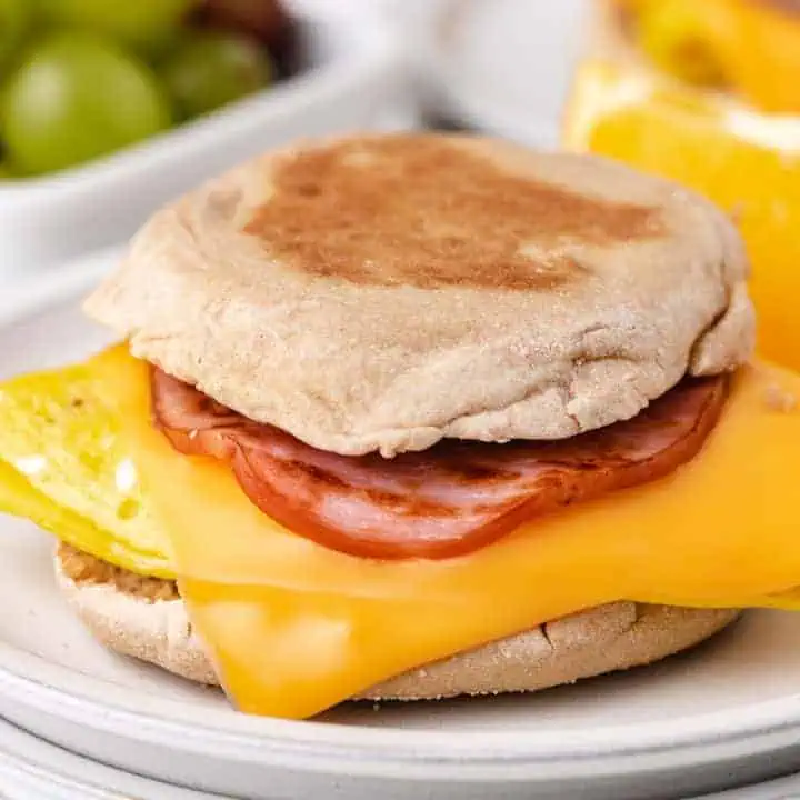 Close up view of an english muffin sandwich.