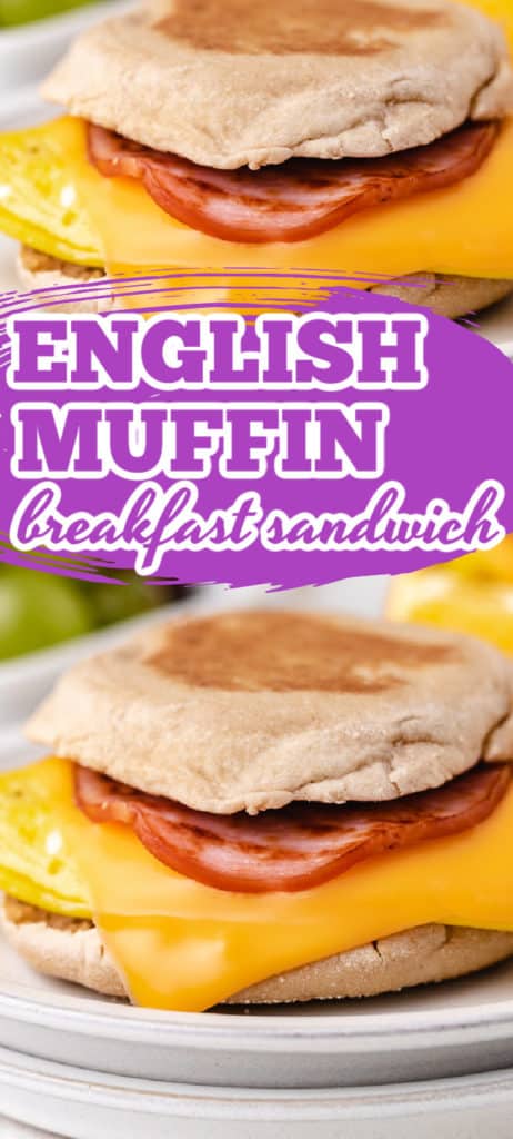 Collage of two photos of English muffin breakfast sandwiches.