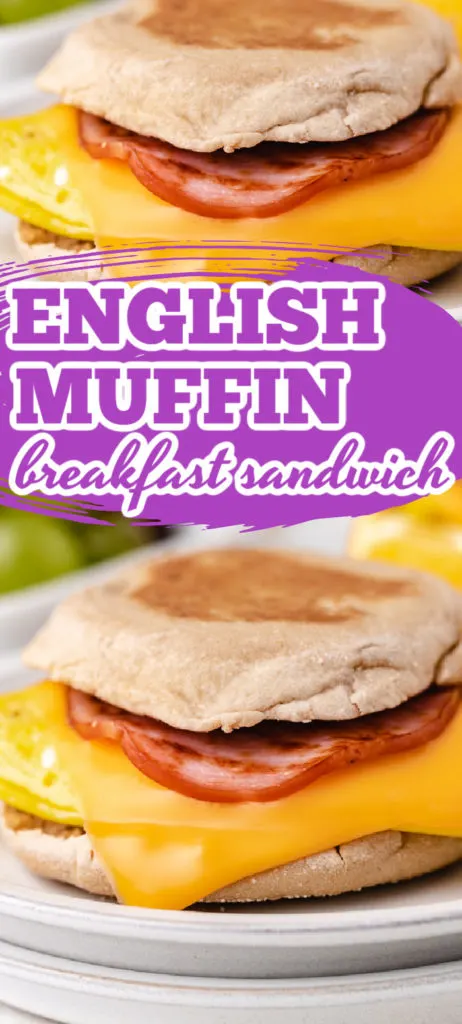 Collage of two photos of english muffin breakfast sandwiches.