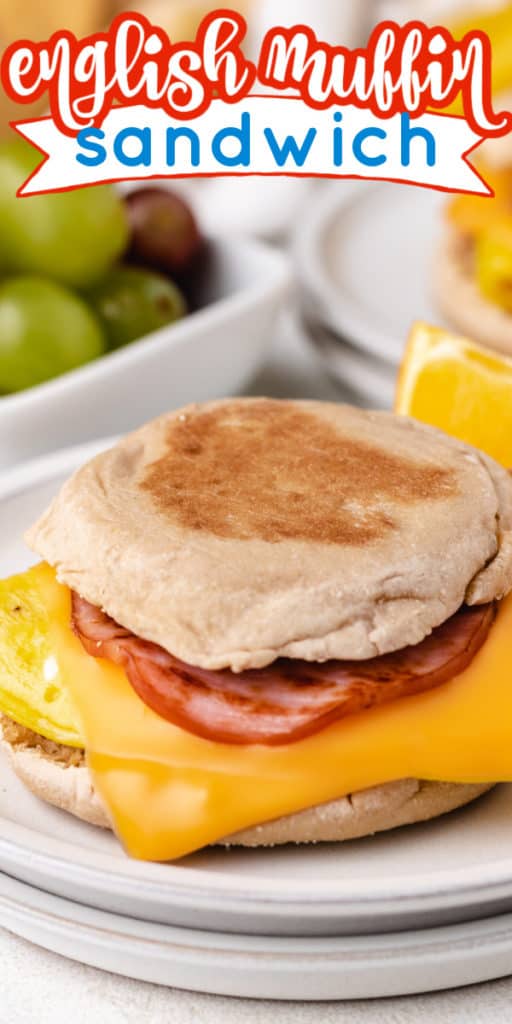 English muffin breakfast sandwich on a plate.