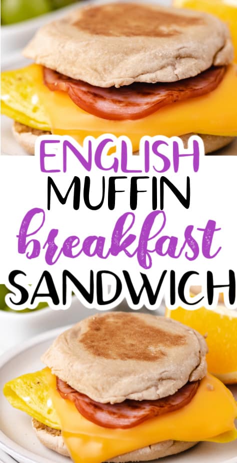 Two photos of breakfast sandwiches on English muffins.