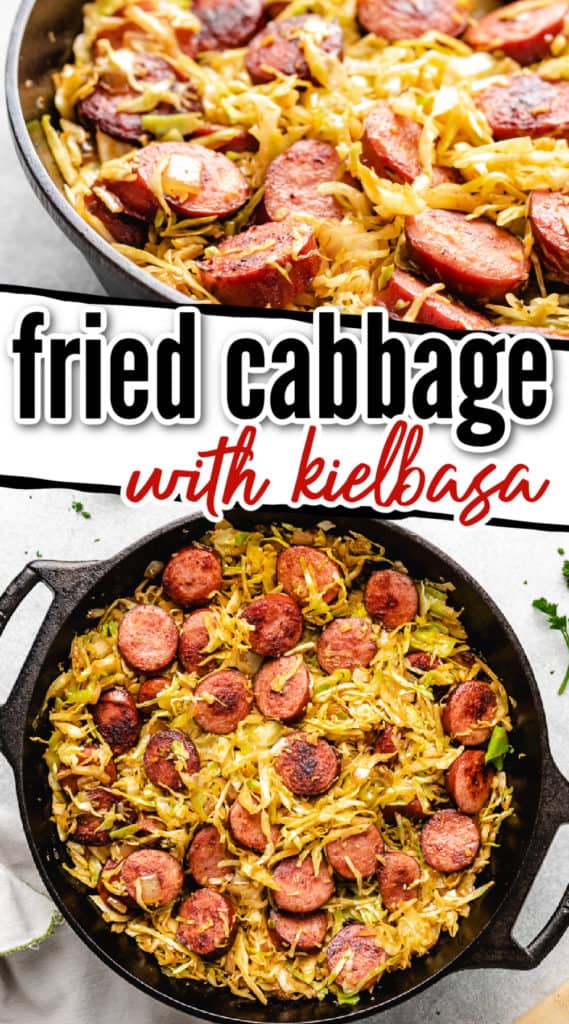 Collage of two photos of fried cabbage with kielbasa.
