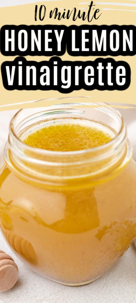 Close up view of a jar of lemon dressing with honey.
