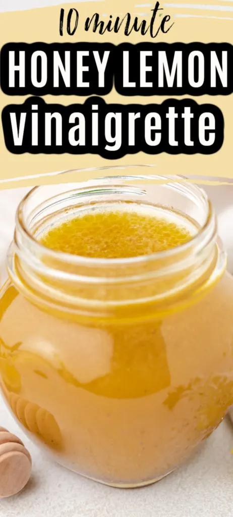 Close up view of a jar of lemon dressing with honey.