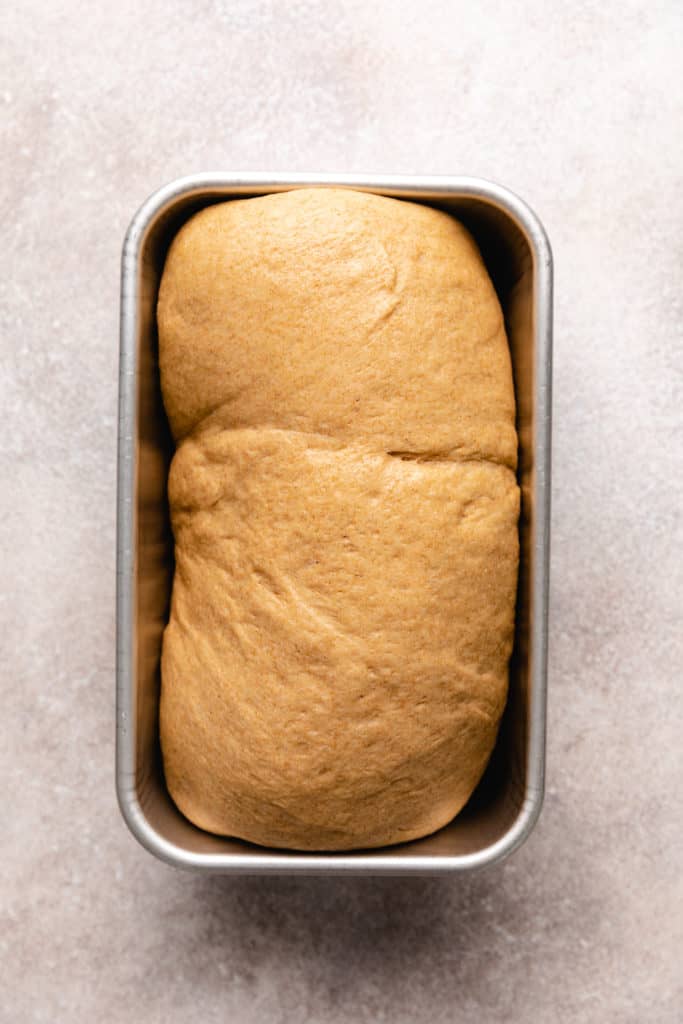 Risen dough in a pan.