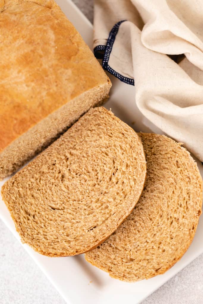 Close up view of slices of wheat bread.