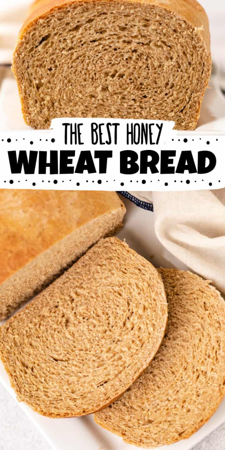Collage of photos of sliced honey wheat bread.