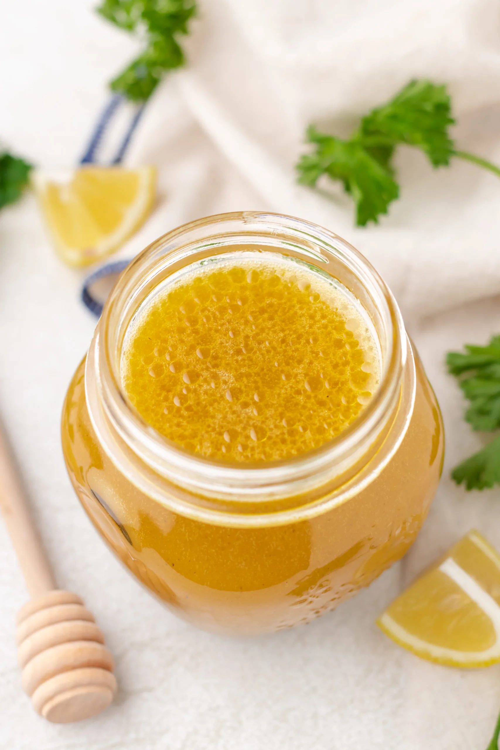 Top down view of a jar of salad dressing.