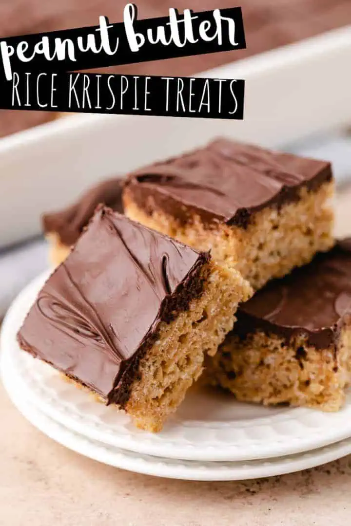 Plate of peanut butter chocolate rice krispie bars.