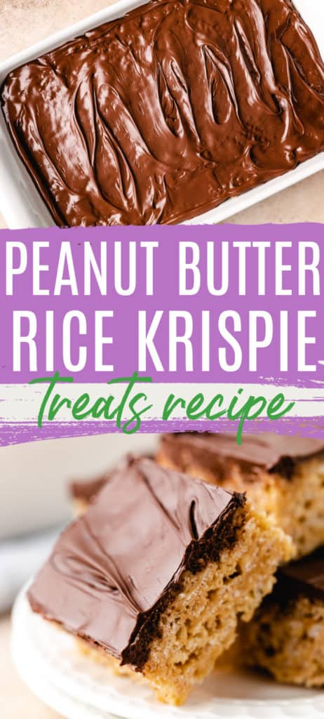 Two pictures of peanut butter rice krispie treats with chocolate topping.
