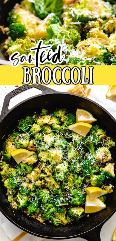 Collage with two photos of lemon garlic sauteed broccoli.