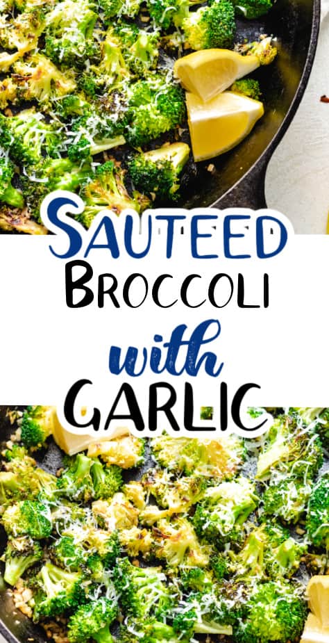 Two top down photos of sauteed broccoli in a pan.