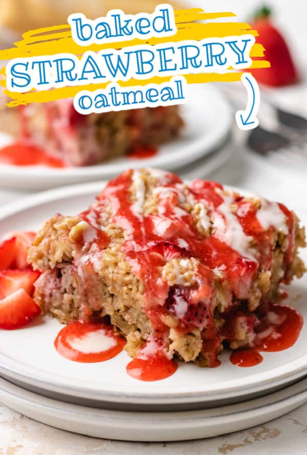 Slice of strawberry baked oatmeal on two plates.