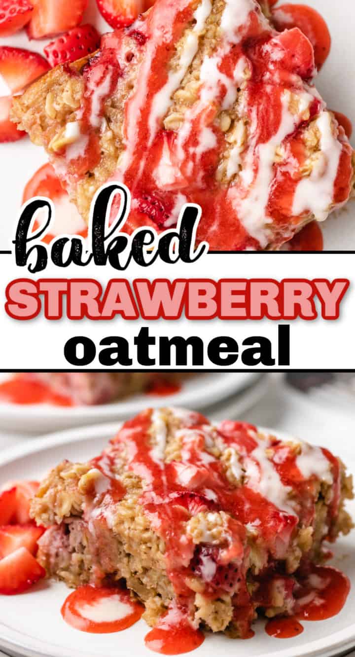 Collage of baked oatmeal with strawberries on two plates.