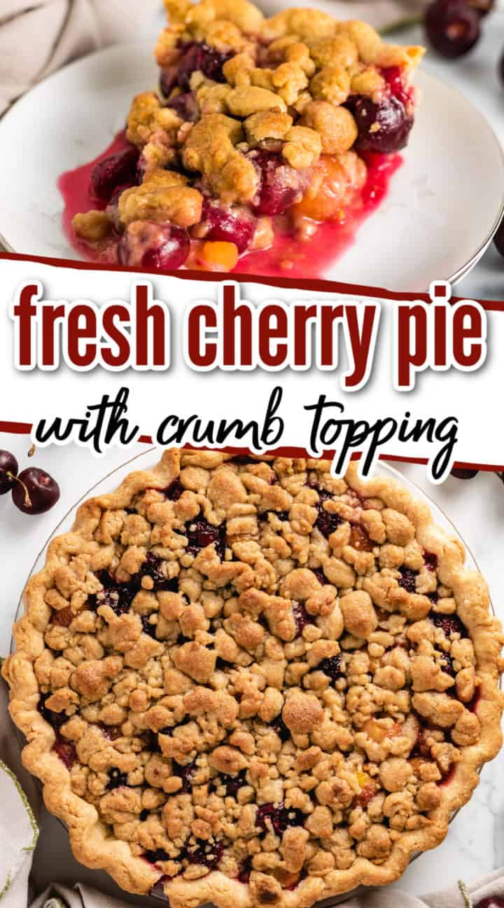 Two photos of cherry pie in a collage.