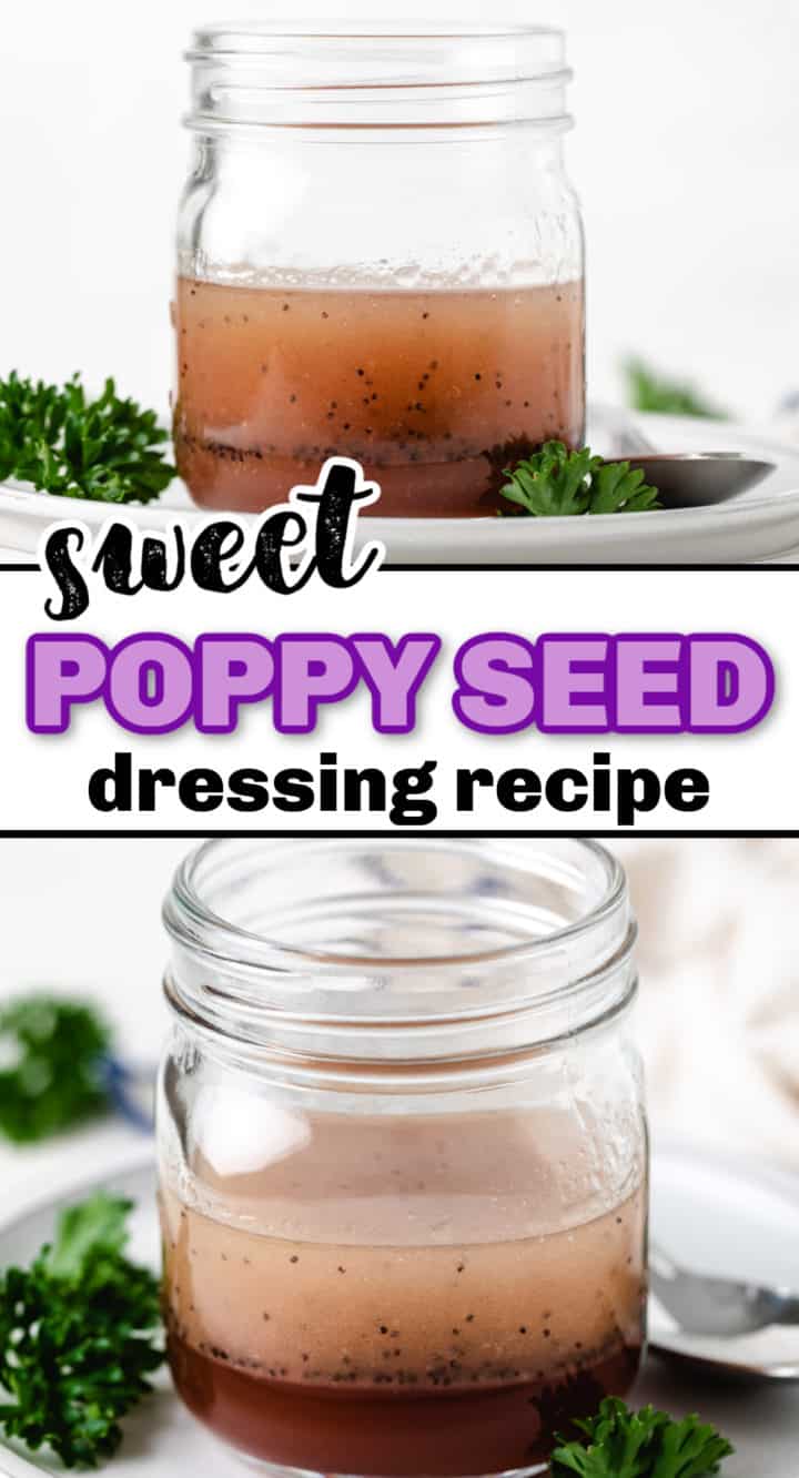 Collage showing two jars of poppy seed dressing.