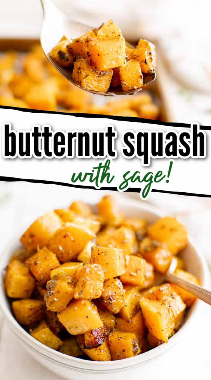 Collage of butternut squash cubes with sage.