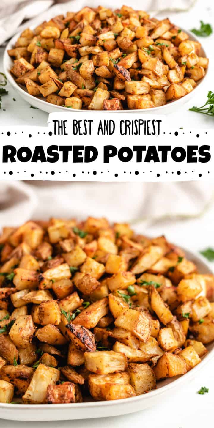 Collage of two photos of roasted potatoes.