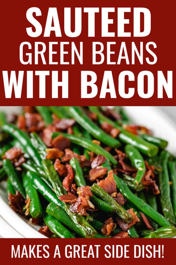 Close up view of a white dish filled with green beans and bacon.