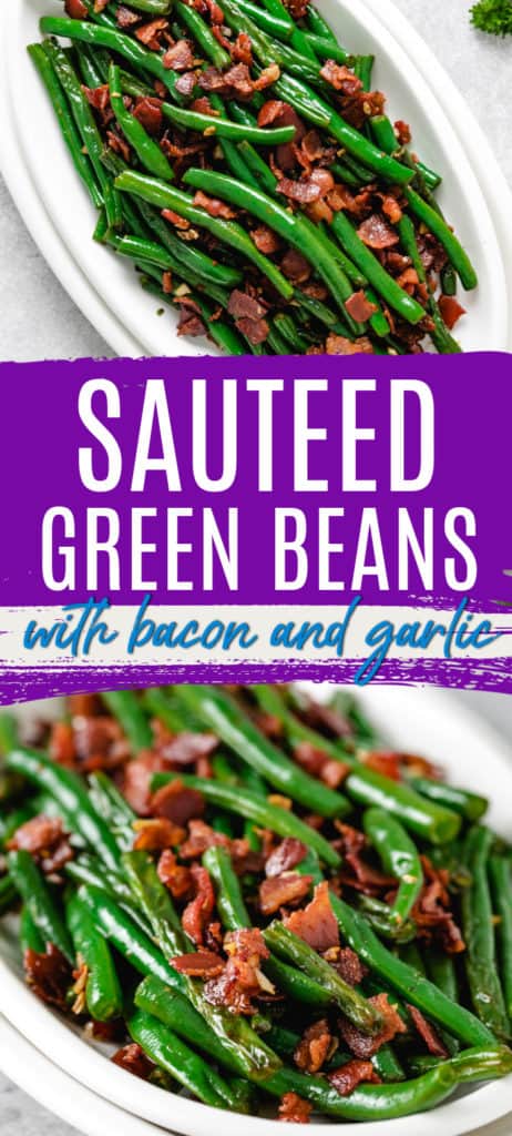 Collage of two photos of sauteed green beans.