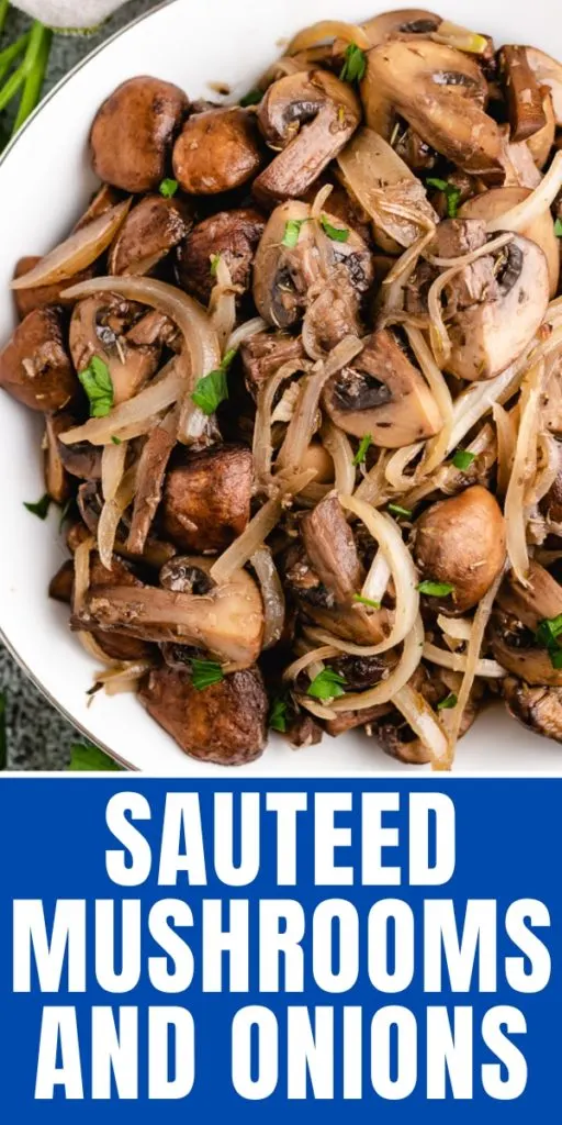 Top down view of a plate of sauteed mushrooms and onions.